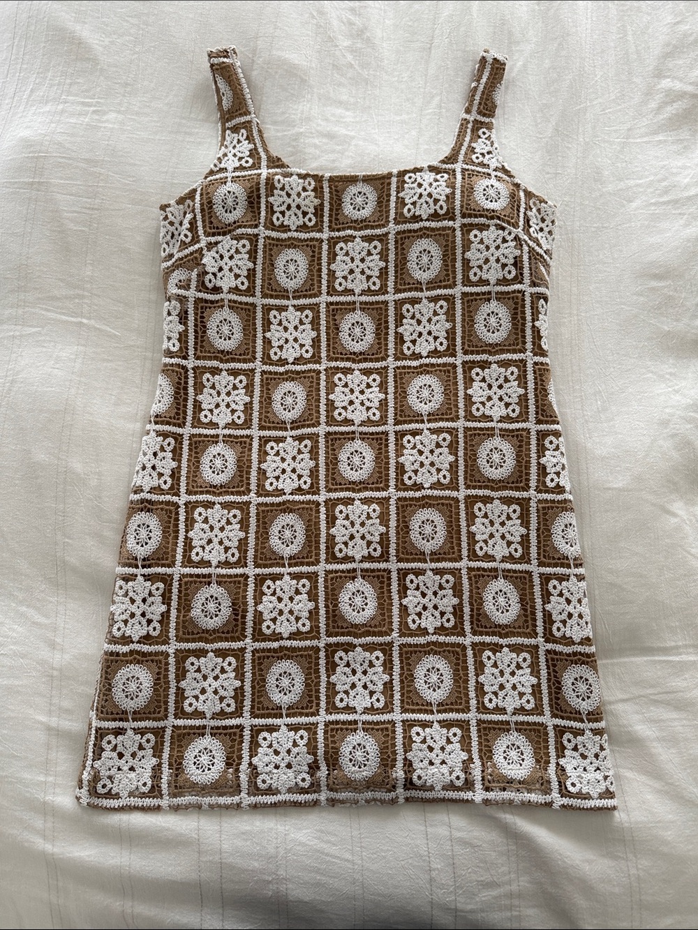 LOFT Brown & White Crochet Square-Pattern Mini Dress